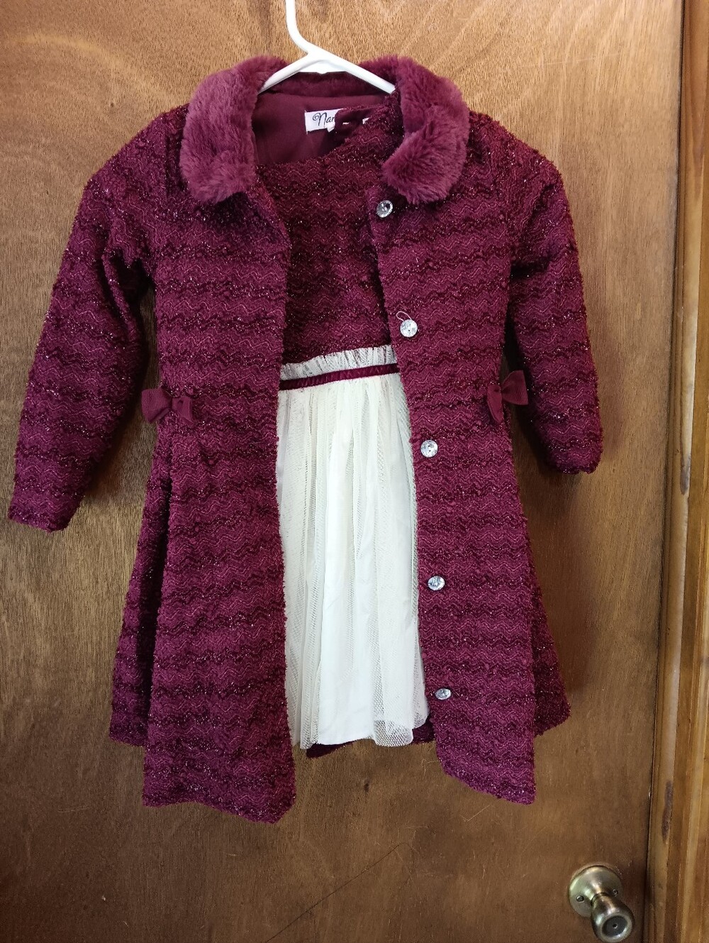 Nannette Burgundy Textured Girls' Coat with Cream Tulle Dress
